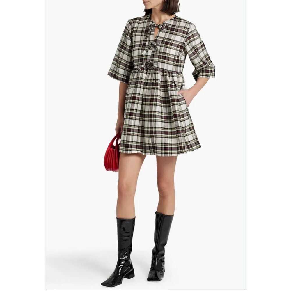 GANNI Gathered Checked Linen Silk Blend Mini Dress | Black and White in 32/XS